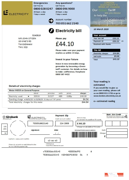 United Kingdom Electricity utility bill template in Word and PDF format